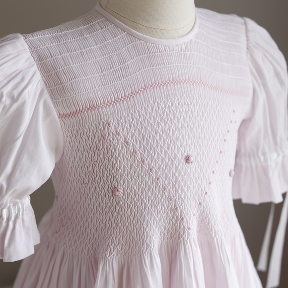 Strasburg Dress Heirloom Pink Smocked White Ribbon Size 7 Special Occasion - Picture 2 of 5